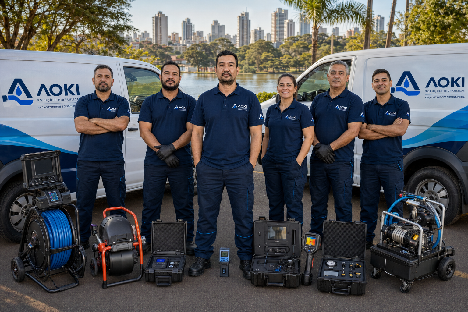 Equipe da AOKI Soluções Hidráulicas uniformizada em frente às vans da empresa com equipamentos de caça-vazamentos e desentupimento