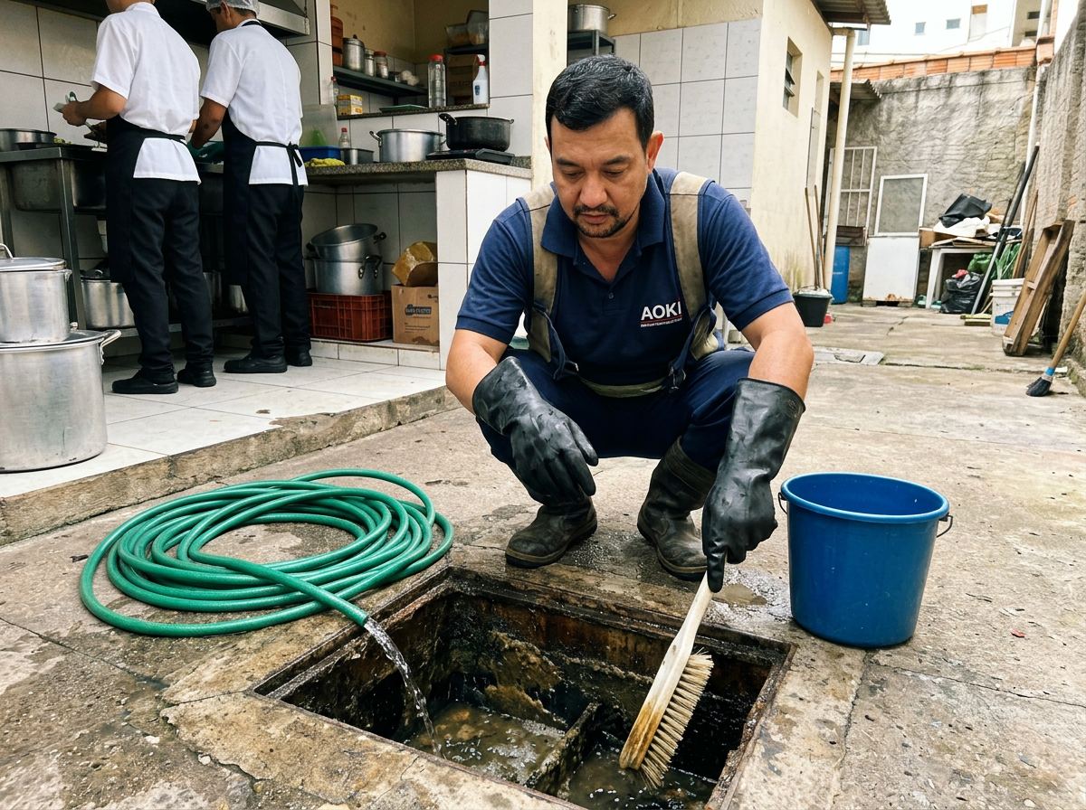 Técnico realizando limpeza de caixa de gordura