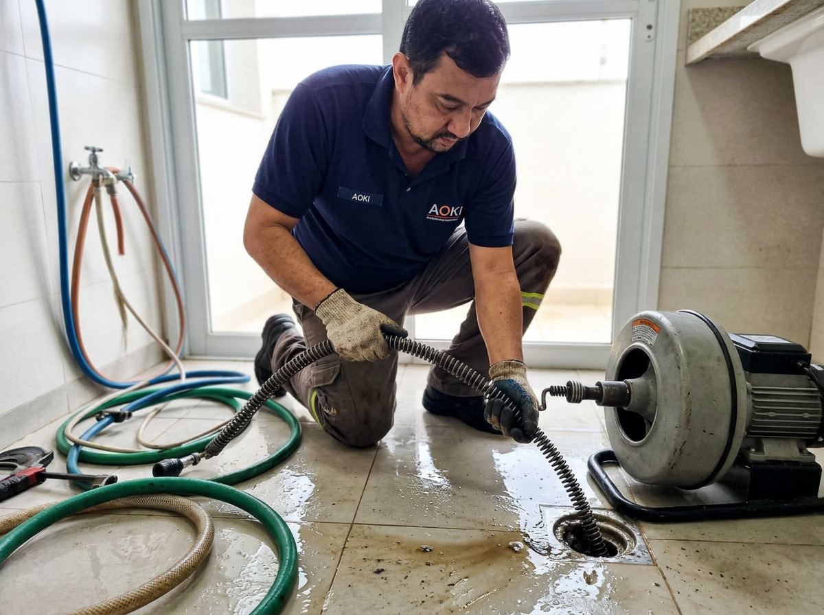 Técnico desentupindo ralo e tubulação com equipamento